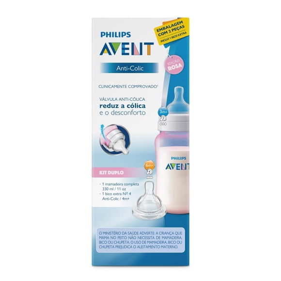 Kit Mamadeira Philips Avent Anti Cólica Rosa 330ml+ Bico N4