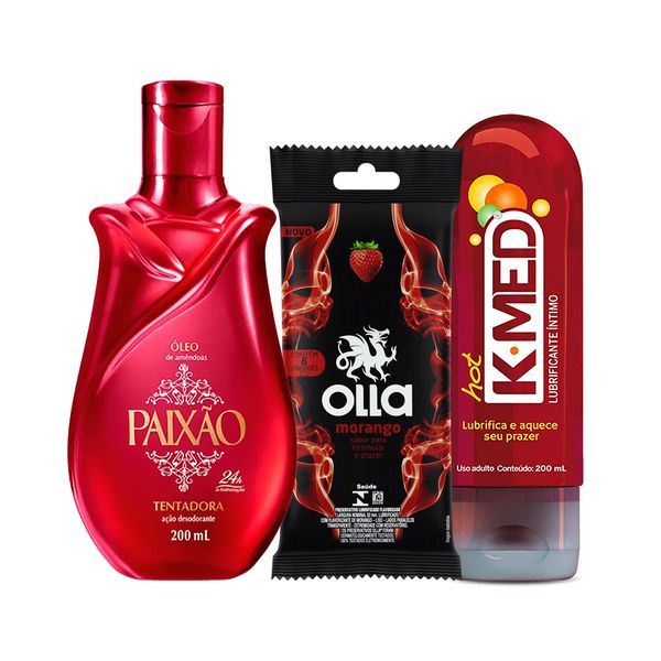 Kit Prazer Paixão Óleo Corporal de Amêndoas Tentadora 200ml + K-Med Hot Gel Lubrificante Íntimo 200g + Olla Preservativo Morango com 6 Unidades
