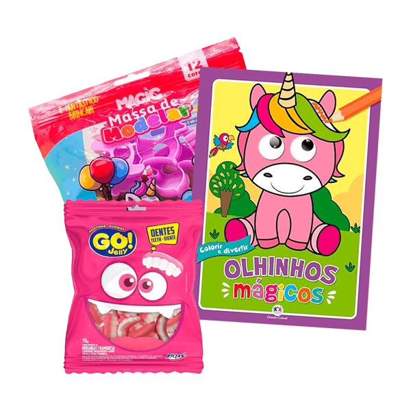 Kit Infantil Olhinhos Mágicos Ciranda Cultural + Massa de Modelar Unicórnio Magic Kids + Bala de Gelatina Dentadura Go Jelly 70g